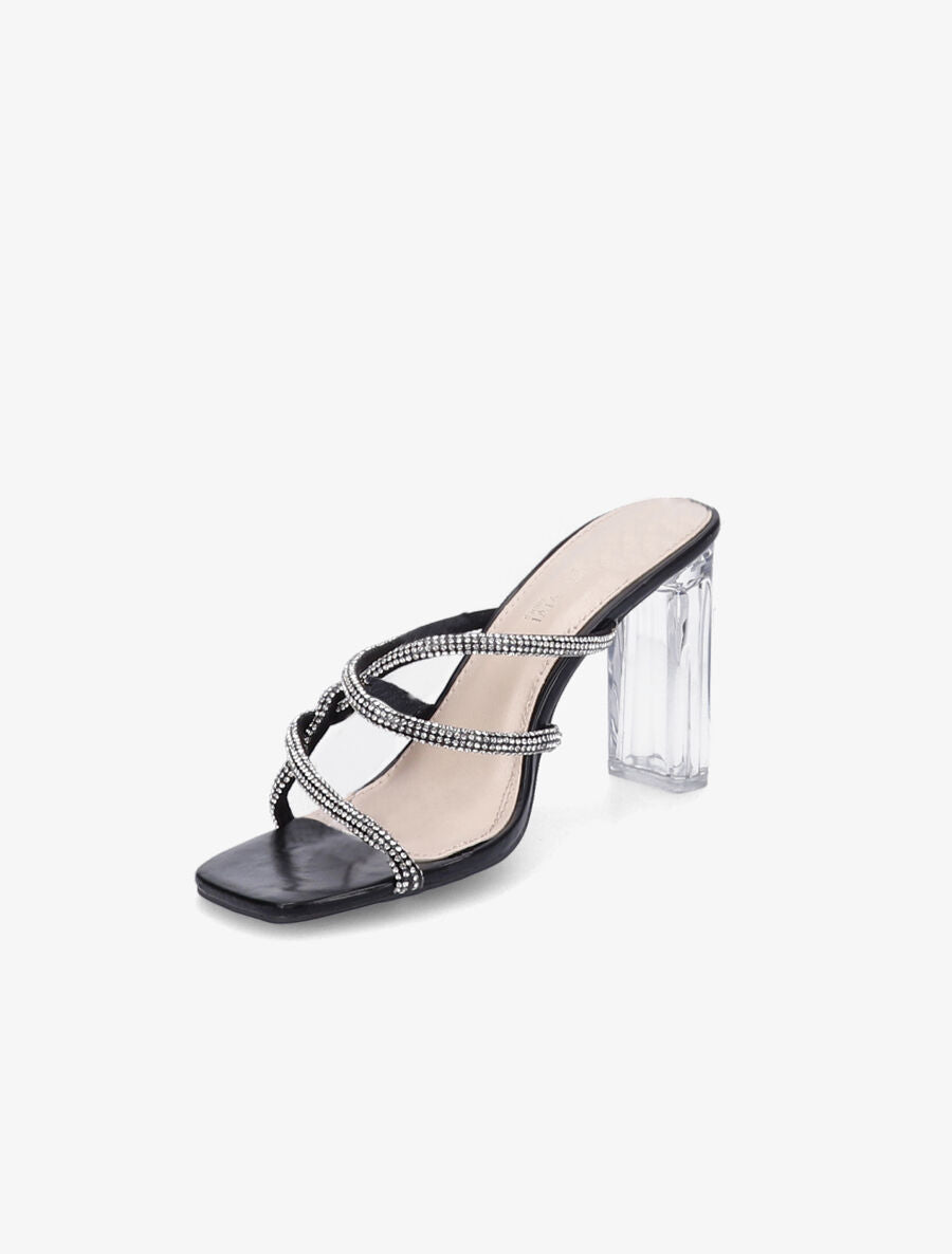 Mules à talons et brides à strass - Noir - 3