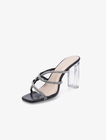 Mules à talons et brides à strass - Noir - 3