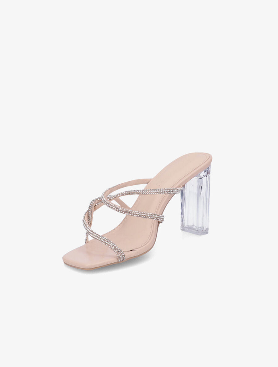 Mules à talons et brides à strass - Beige - 3