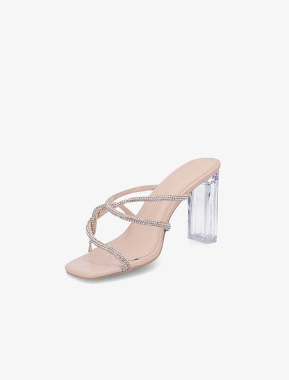 Mules à talons et brides à strass - Beige - 3