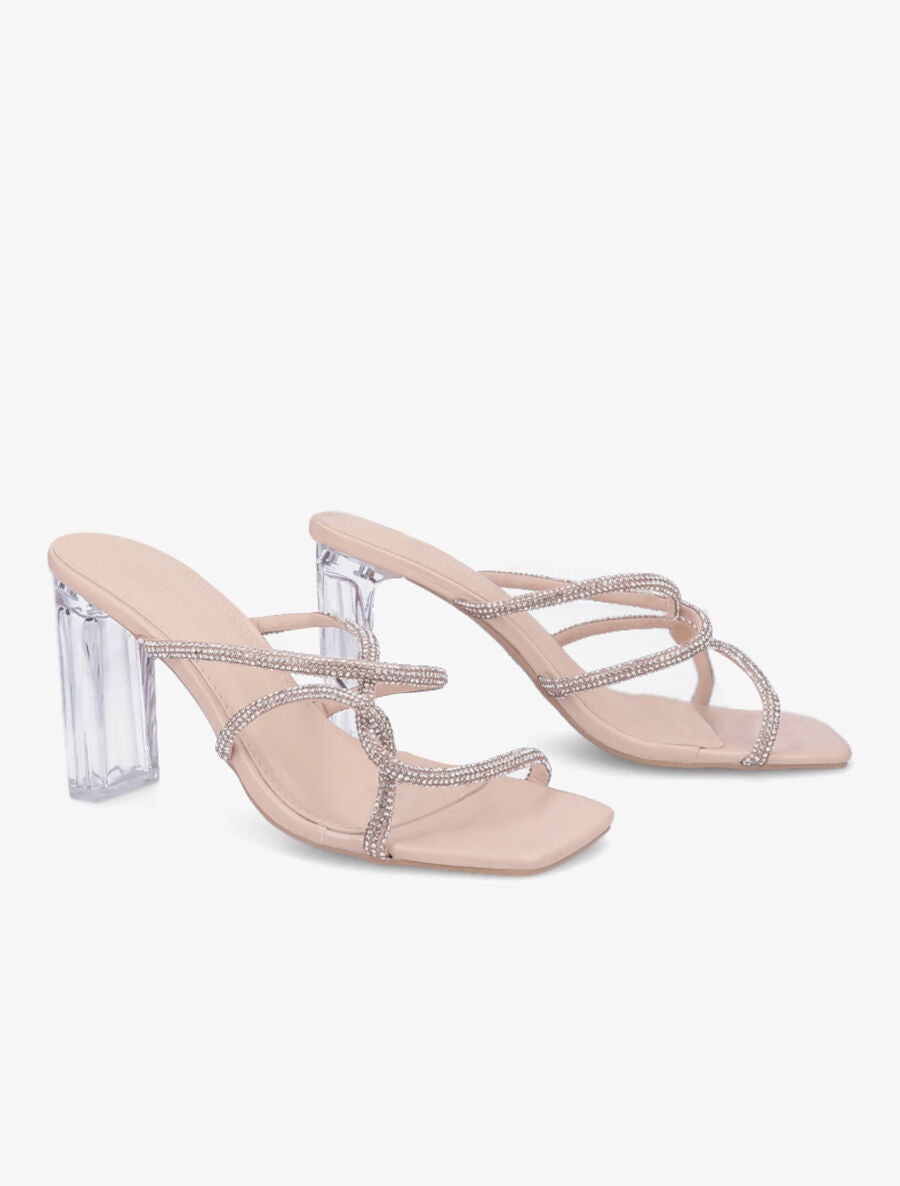 Mules à talons et brides à strass - Beige - 4