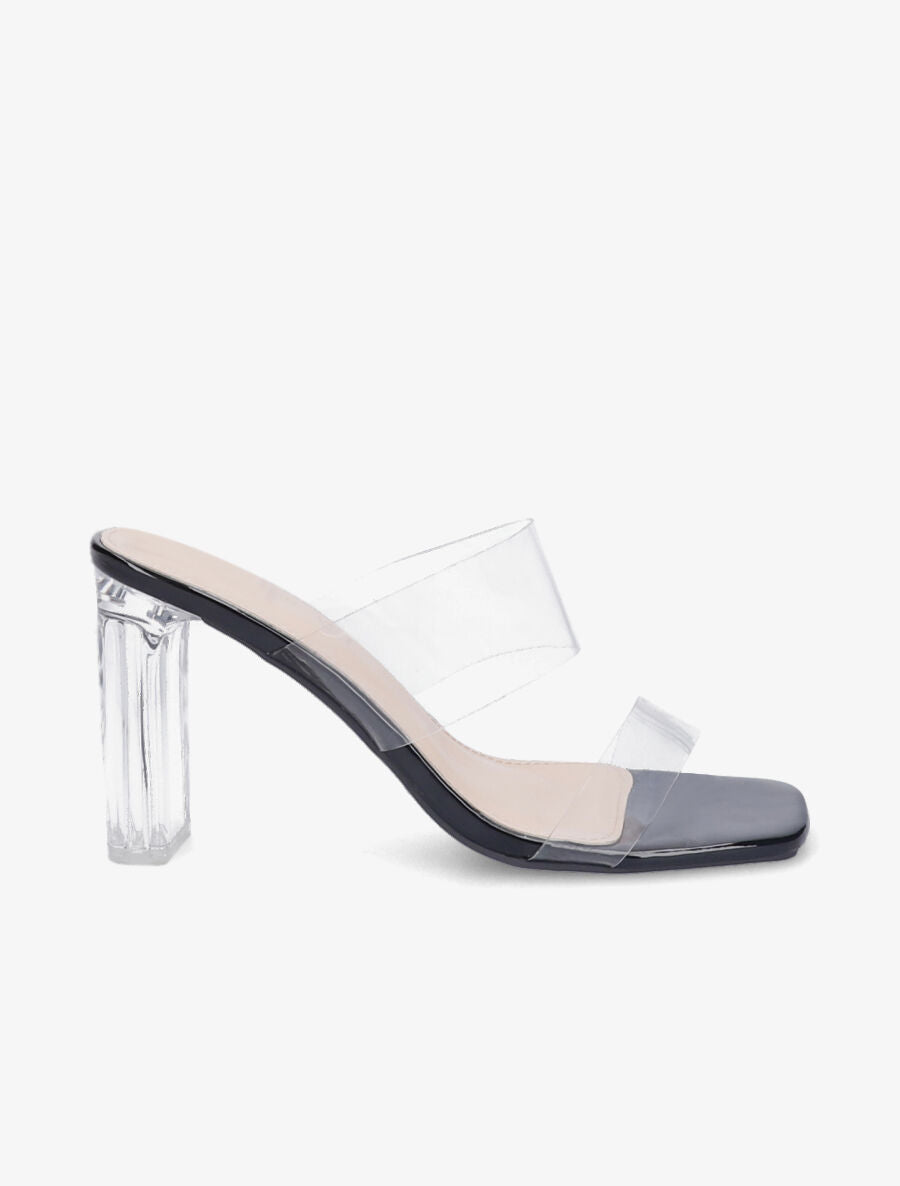 Mules à talons et double ganses transparentes - Noir - 5