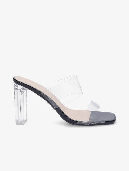 Mules à talons et double ganses transparentes - Noir - 5