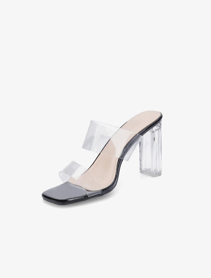 Mules à talons et double ganses transparentes - Noir - 3