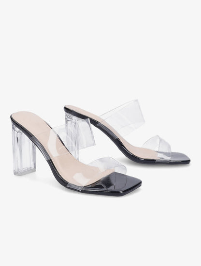 Mules à talons et double ganses transparentes - Noir - 4