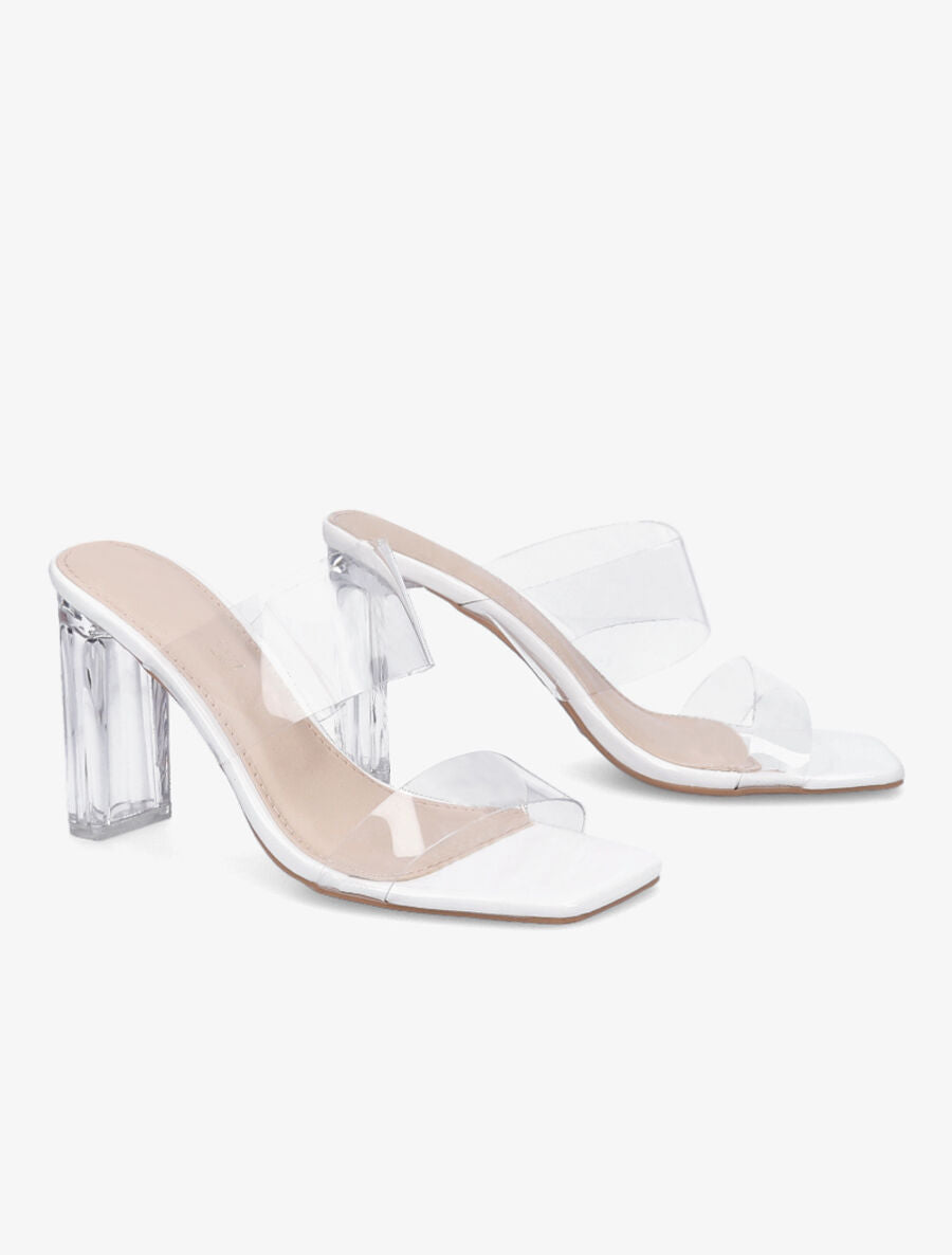 Mules à talons et double ganses transparentes - Blanc - 4