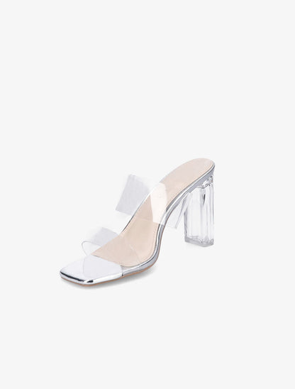 Mules à talons et double ganses transparentes - Argent - 3
