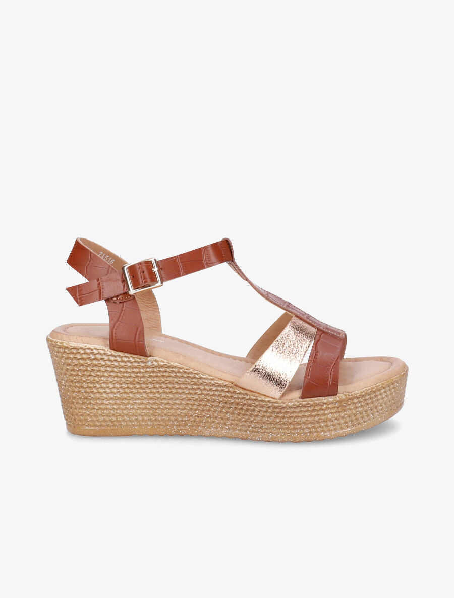 Sandales compensées à bride croco et irisé - Camel/rose gold - 5
