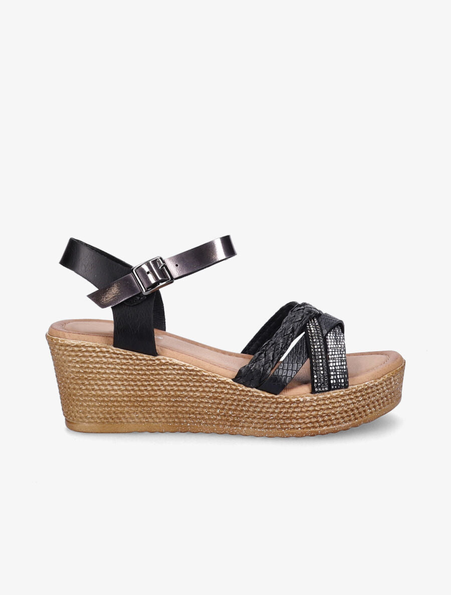 Sandales compensées à bride multi-matières - Noir - 5