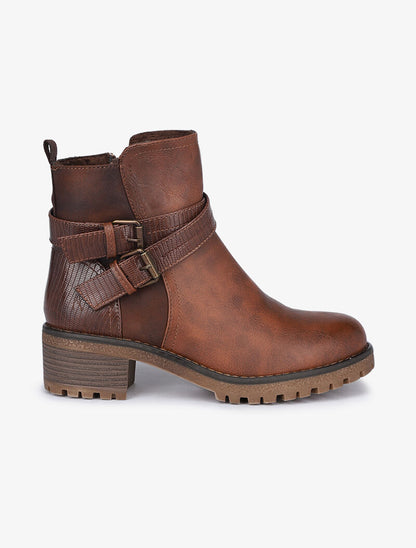 Boots bi-matière fourrées à double sangles - Camel - 2