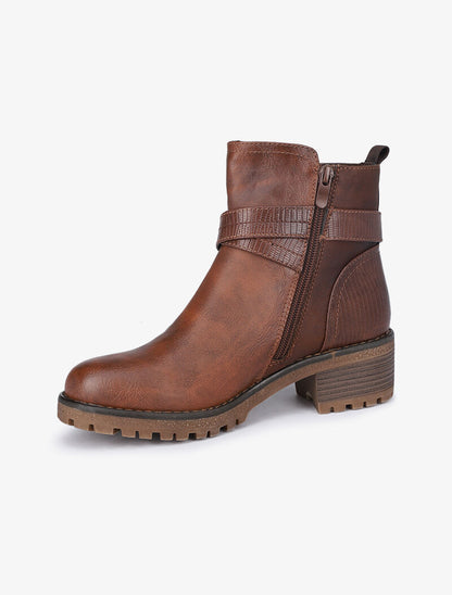 Boots bi-matière fourrées à double sangles - Camel - 4