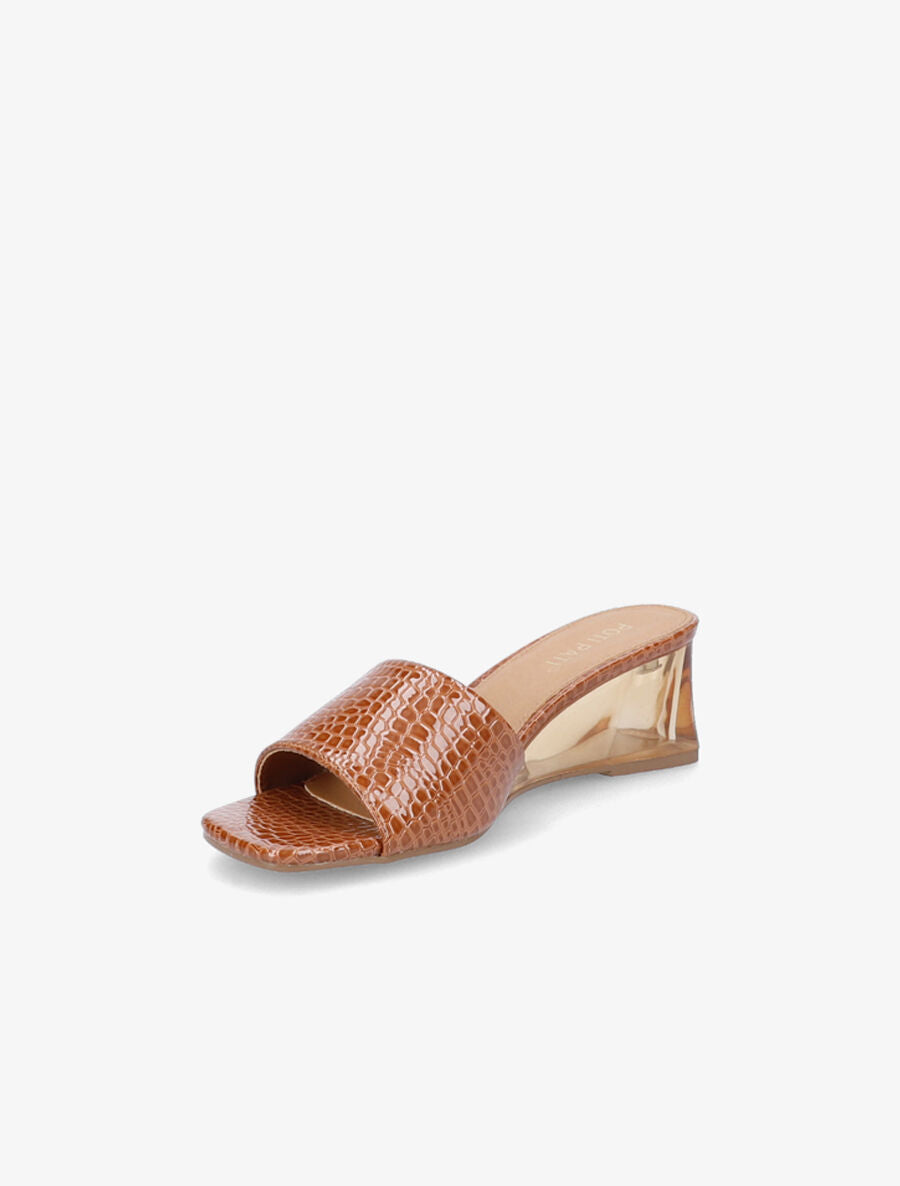 Mules effet croco à talons compensés transparents - Camel - 3
