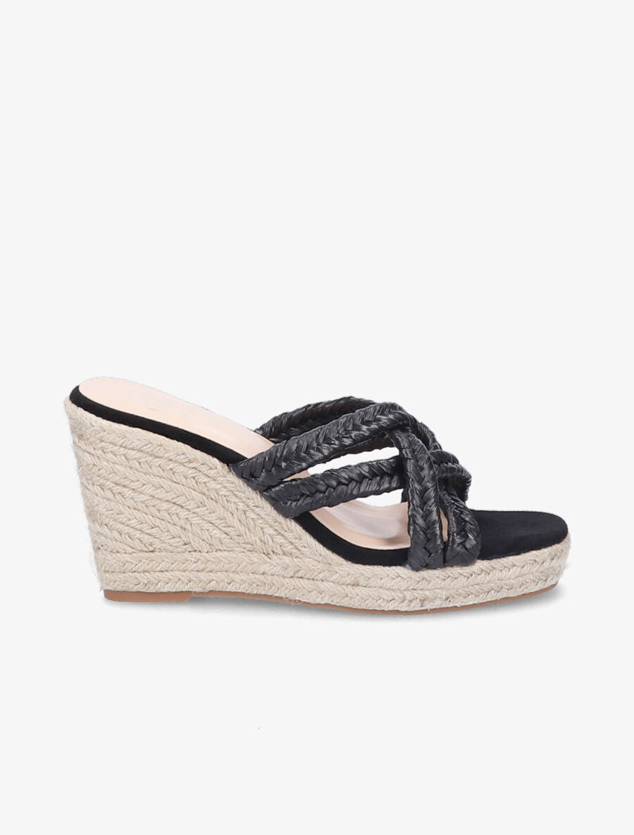 Mules à talons compensés en raphia - Noir - 5