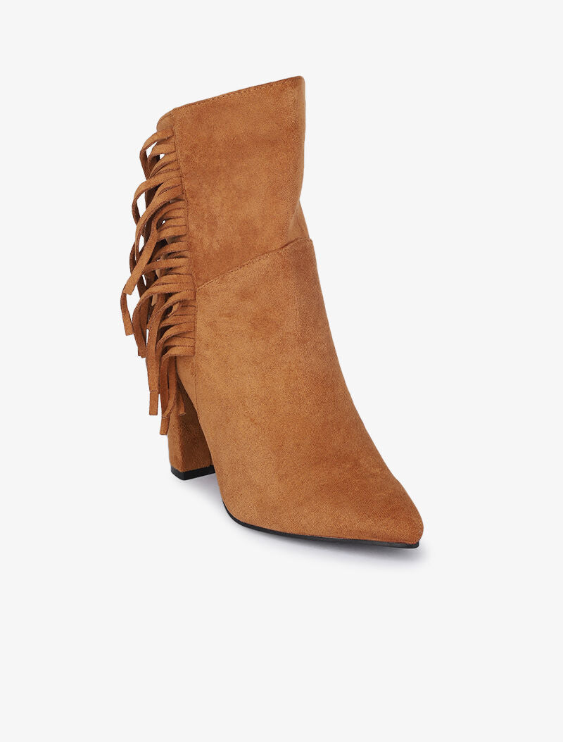 Bottines hautes à talons et franges - Camel - 2