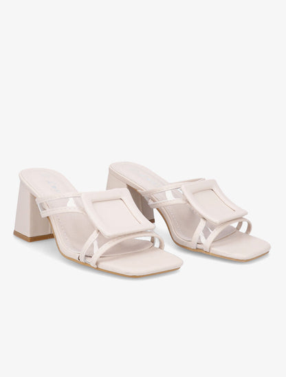 Mules à talon carré et à détail transparent - Beige - 4