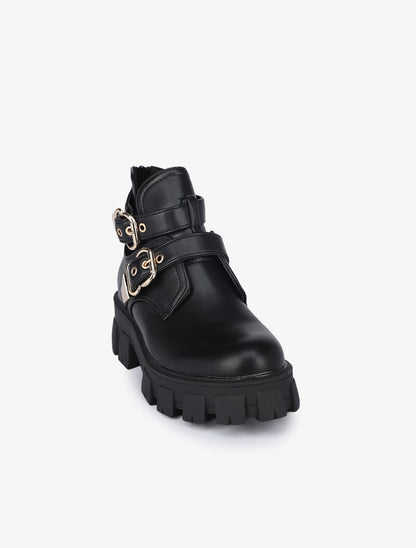 Boots à double sangles à boucles dorées - Noir - 3