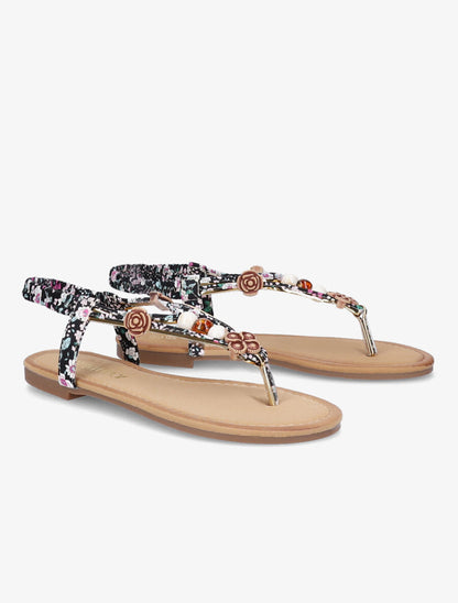 Nu-pieds fleuris à perles - Noir - 4