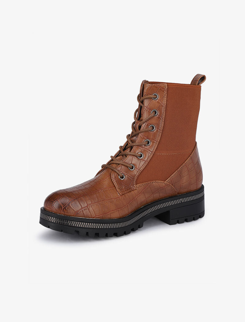 Bottines à lacets effet croco - Camel - 4