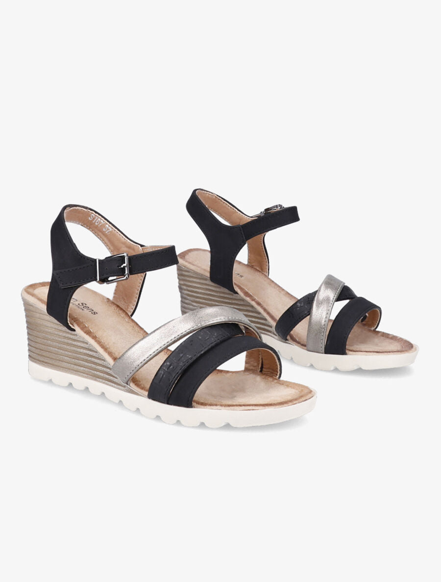 Sandales compensées à brides croisées et texturées - Noir - 4