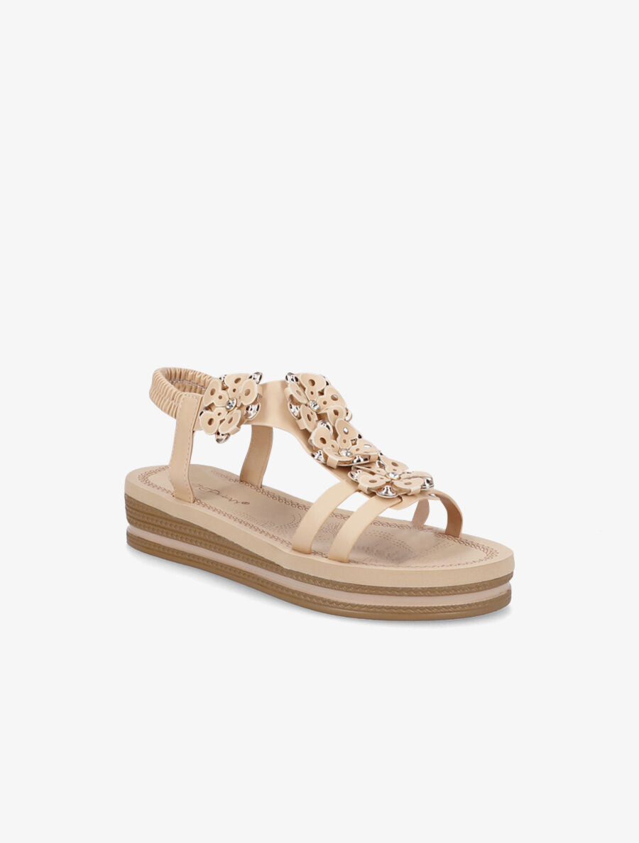 Nu-pieds à fleurs ornées de strass - Beige - 1