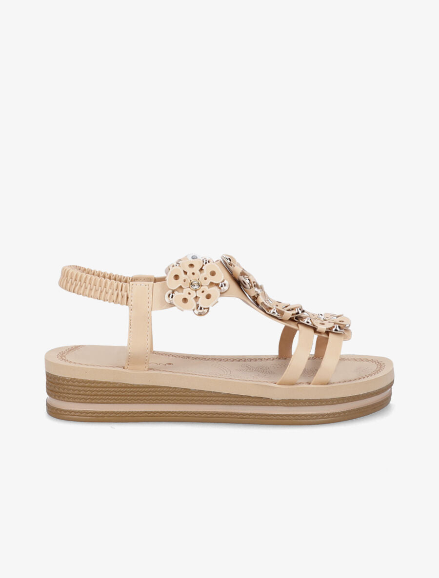Nu-pieds à fleurs ornées de strass - Beige - 2