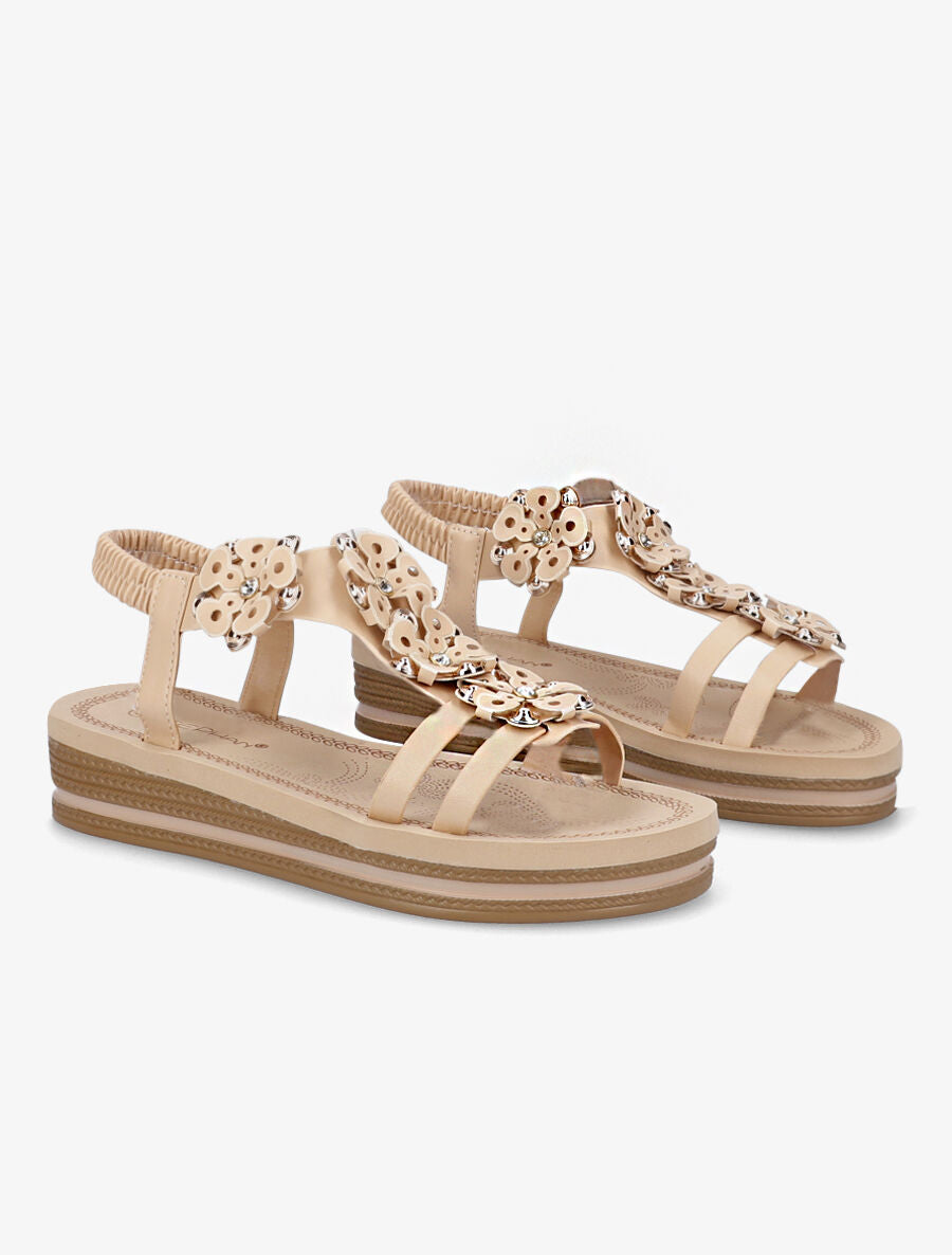 Nu-pieds à fleurs ornées de strass - Beige - 4