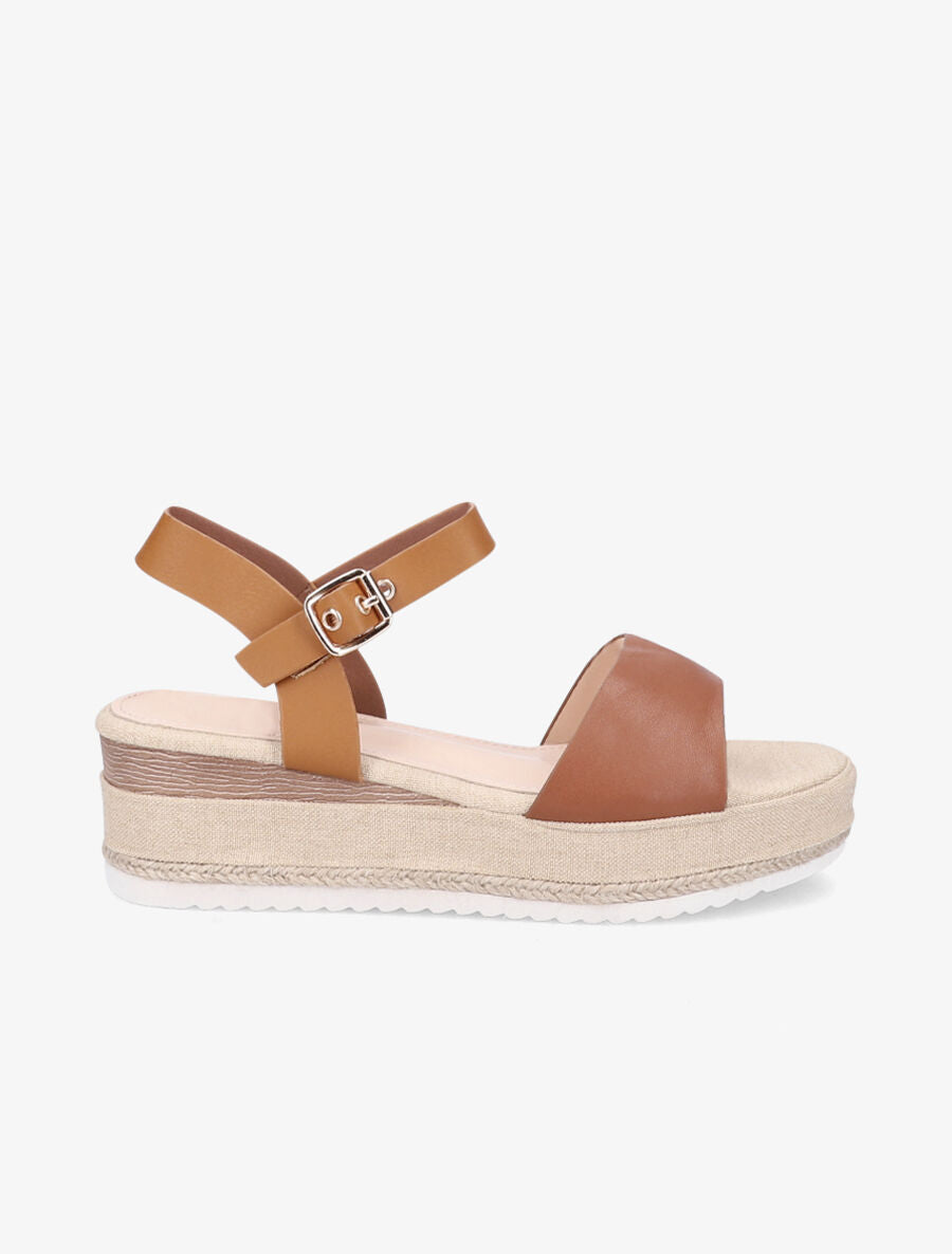 Sandales bi-matière à talon compensé - Camel - 6