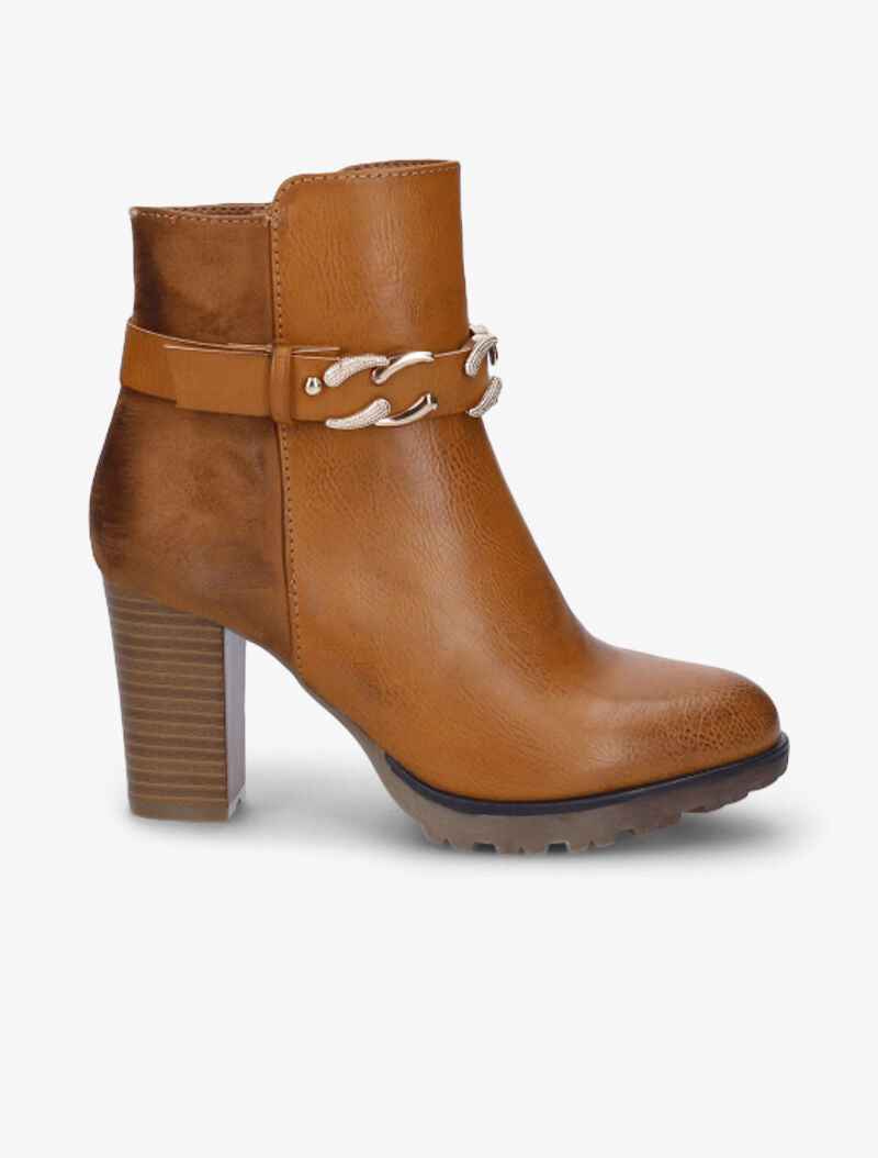 Bottines fourrées bi-matière à sangle à détail chaîne - Camel - 5