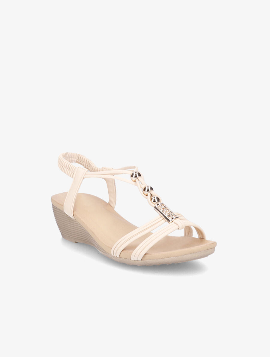 Sandales compensées à empiècements dorés - Beige - 3