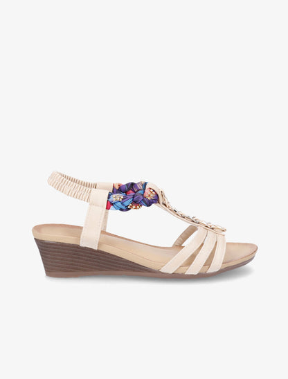 Sandales imprimées ornées de bijoux dorés et strass - Beige - 1