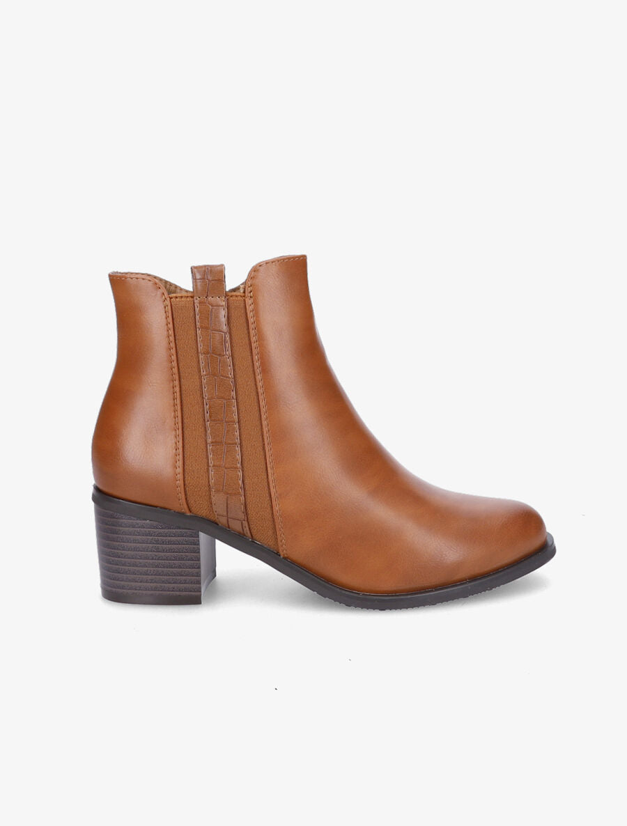 Bottines à zip et lanière effet croco - Camel - 5