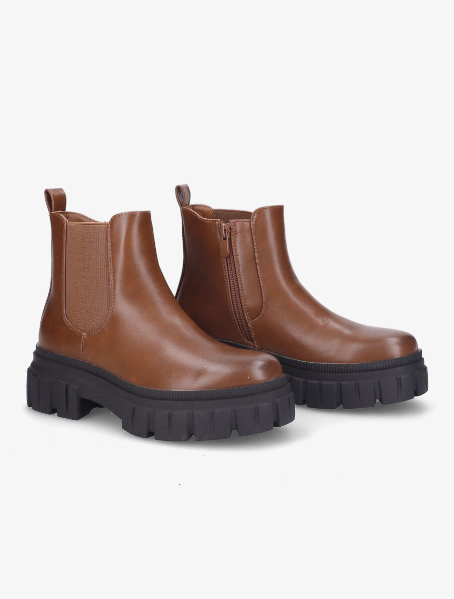 Bottines en simili à côté élastiqué - Camel - 4