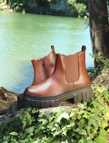 Bottines en simili à côté élastiqué - Camel - 5
