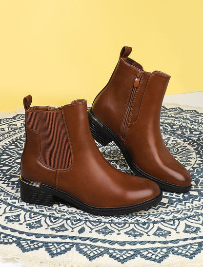 Bottines en simili à ganse élastiquée côtelée - Camel - 5