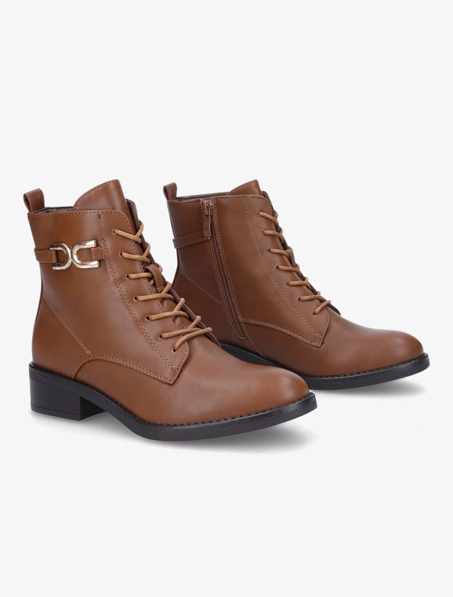 Bottines lacées à boucle stylisée - Camel - 4