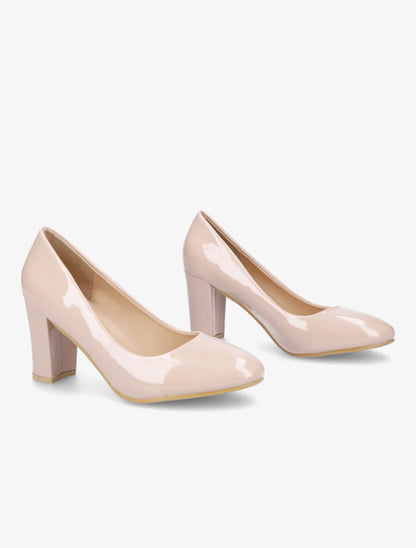 Escarpins vernis à talon épais - Beige - 4
