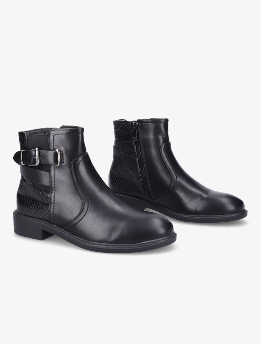 Bottines plates à contrefort effet python et sangles - Noir - 4