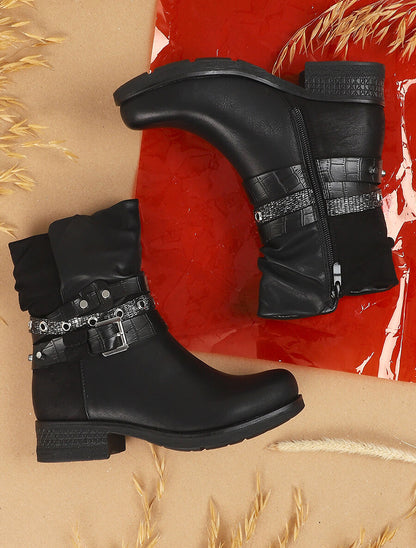 Boots montantes effet plissé à boucles - Noir - 5