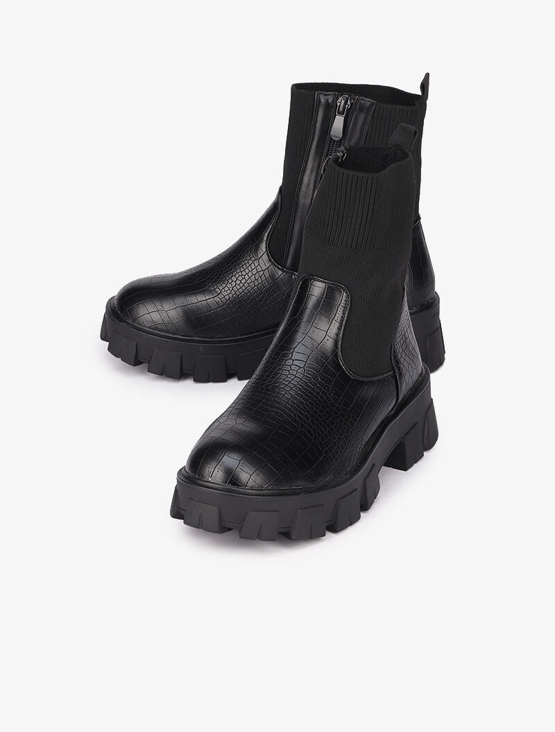 Bottines à semelles crantées effet croco - Noir - 5