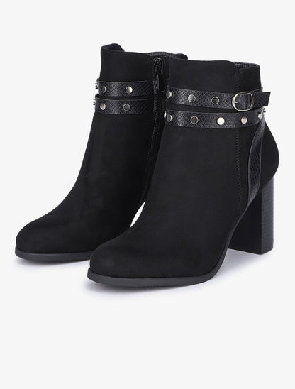 Bottines en suédine à brides cloutées - Noir - 1