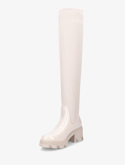 Cuissardes en tissu côtelé et simili vernis - Beige - 3