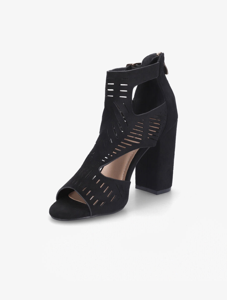 Sandales ajourées à talon haut en suédine - Noir - 3