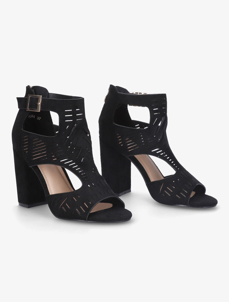 Sandales ajourées à talon haut en suédine - Noir - 4