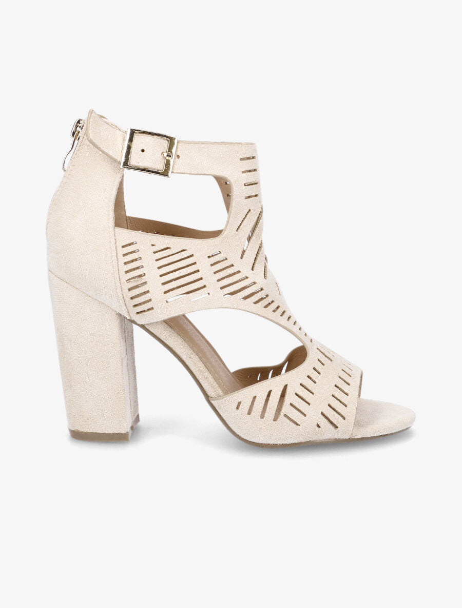 Sandales ajourées à talon haut en suédine - Beige - 5