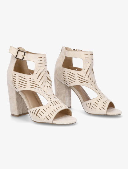 Sandales ajourées à talon haut en suédine - Beige - 4