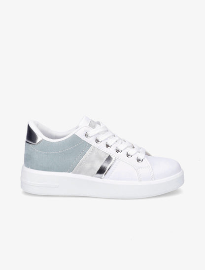 Sneakers en simili et suédine et bandes irisées - Bleu gris - 5