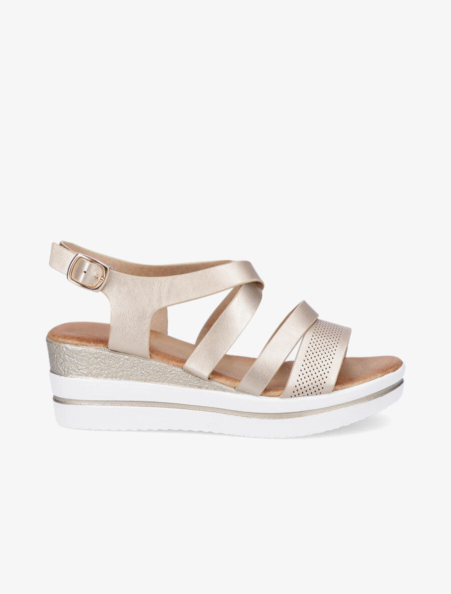 Sandales à talon compensé à brides perforées - Or | Inspee