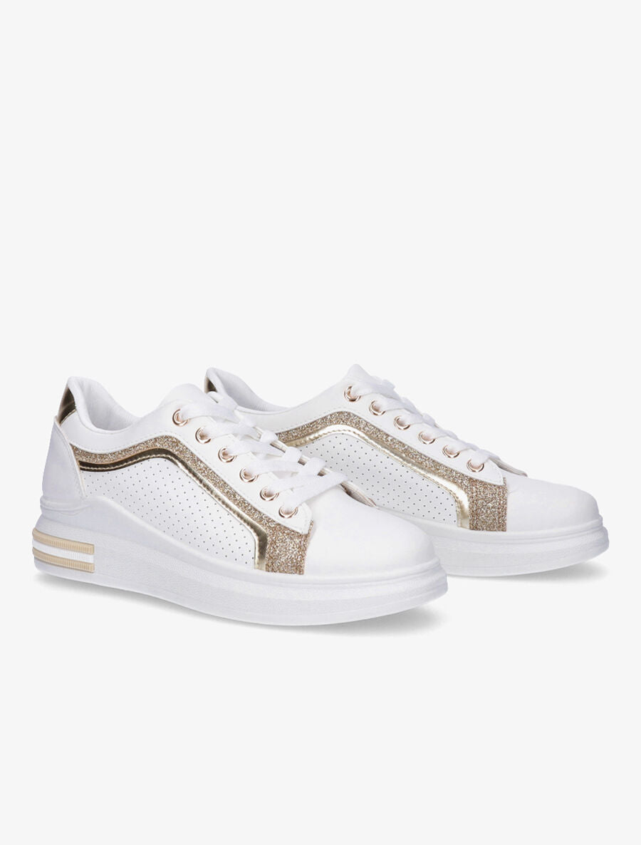 Sneakers en simili perforés à bandes pailletées - Or - 4