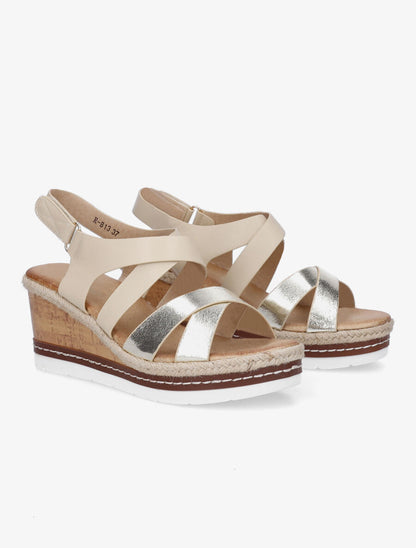 Sandales compensées en simili effet bois - Beige - 4