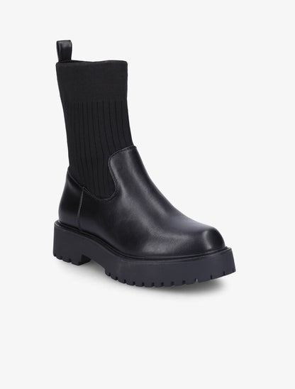 Bottines en simili et tissu côtelé élastiqué - Noir - 4